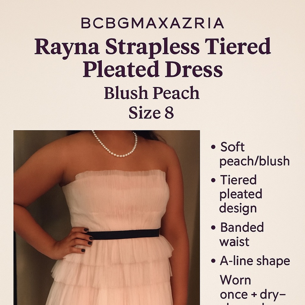 👗 BCBGMAXAZRIA Rayna Strapless Tiered Pleated Dress | Blush Peach | Size 8
